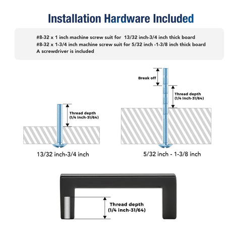 Instruction diagram for 30 Pack Cabinet Pulls Slim Square Bar 3 Inch Hole Center Matte Black including screw sizes and thread depth