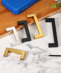 Two Pack Silver 5.5 Inch Square Cabinet Pulls Stainless Steel Drawer Handles with screws on marble surface, various colors shown