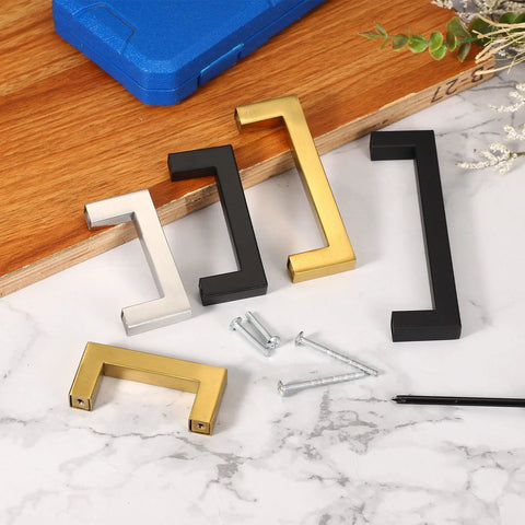 Two Pack Silver 5.5 Inch Square Cabinet Pulls Stainless Steel Drawer Handles with screws on marble surface, various colors shown