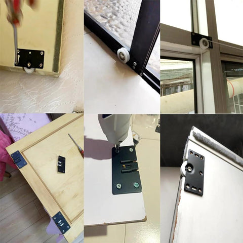 Two Set Cabinet Sliding Door Pulley Roller Hardware Kit with Silent Nylon Bottom Wheels and Top Switch Pulleys installed on doors.