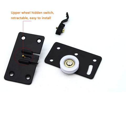 Two Set Cabinet Sliding Door Pulley Roller Hardware Kit with silent nylon wheels and top switch pulleys, black steel plates
