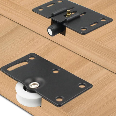 Two Set Cabinet Sliding Door Pulley Roller Hardware Kit With Silent Nylon Bottom Wheels And Top Switch Pulleys on wood surface