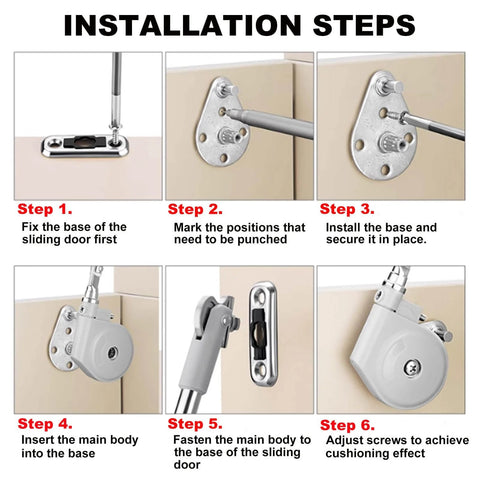Installation steps for 105 Degree Soft Closing Support Rod Hinges, showing step-by-step guide for cabinet and toy box doors.