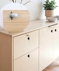 Two high quality zinc alloy thumb operated offset cam locks with T handle on wooden cabinet, secure and easy access