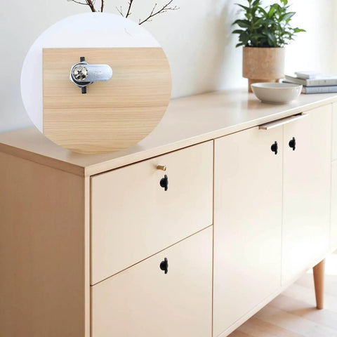 Two high quality zinc alloy thumb operated offset cam locks with T handle on wooden cabinet, secure and easy access