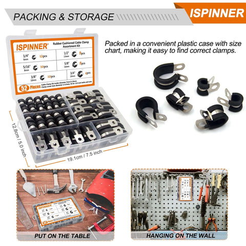 52 Piece Cable Clamps Assortment Kit With 304 Stainless Steel Rubber Cushioned Pipe Clamps In Six Sizes From Quarter Inch To Three Quarter Inch