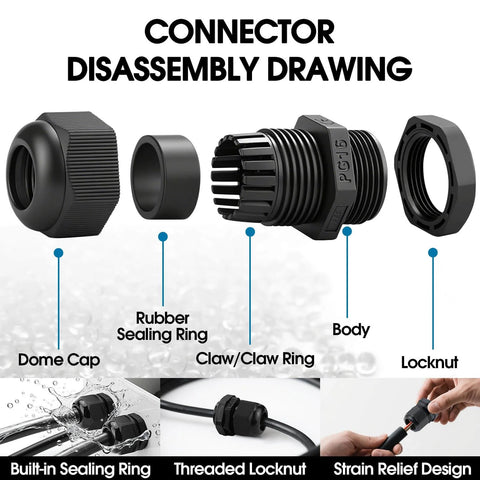 Connector disassembly diagram for 25 Pack Cable Gland Kit With IP68 Waterproof Nylon Cord Grips PG7 To PG16 For Electrical Junction Box Wiring
