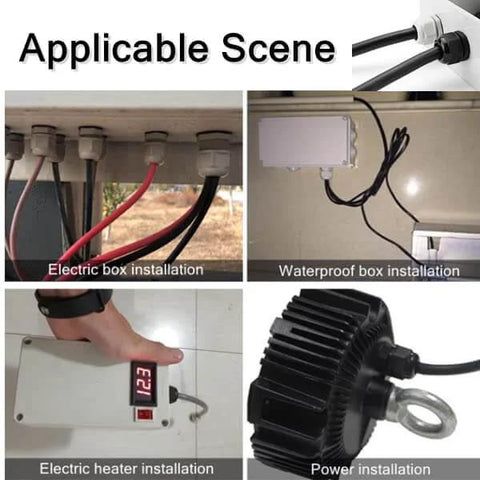 Five Pack Waterproof Plastic PG21 Cable Glands And Joints, Adjustable Connector Set In Black, installed in various outdoor electrical setups