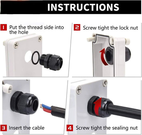 Installation steps for Rugged Waterproof Adjustable Cable Glands 3 To 6.5 Mm Nylon With Gaskets And Seals Quarter Inch NPT