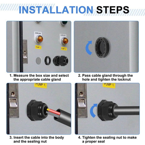 Installation steps of Six Pack Nylon Cable Glands One Half Inch NPT Waterproof Cord Grip Connectors for junction boxes.