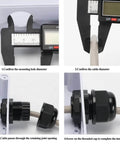 24 Piece Waterproof Cable Gland Kit With Adjustable NPT Glands For Cord Grip And Strain Relief All In One Set Includes One Quarter Inch, Three Eighth Inch, One Half Inch, Three Quarter Inch, And One Inch Sizes For Electrical Conduits, Grommets, And installation process shown with caliper measurement and cable attachment