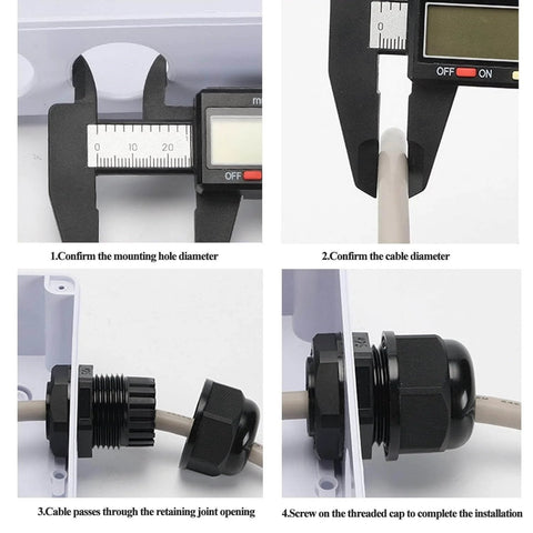 24 Piece Waterproof Cable Gland Kit With Adjustable NPT Glands For Cord Grip And Strain Relief All In One Set Includes One Quarter Inch, Three Eighth Inch, One Half Inch, Three Quarter Inch, And One Inch Sizes For Electrical Conduits, Grommets, And installation process shown with caliper measurement and cable attachment