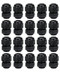 NPT 3/4 Inch Waterproof Cable Gland Kit For Harsh Environments, 20 Pc Set Black Plastic Connectors, Rugged PA66 Nylon
