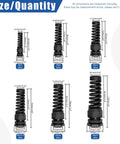 22 Piece Cable Gland Kit With PG7 To PG21 Sizes, 8.3Mm To 20.5Mm Thread Diameter, Black Nylon Waterproof Flex Spiral Strain Relief Glands For Electrical Installations, size chart view.