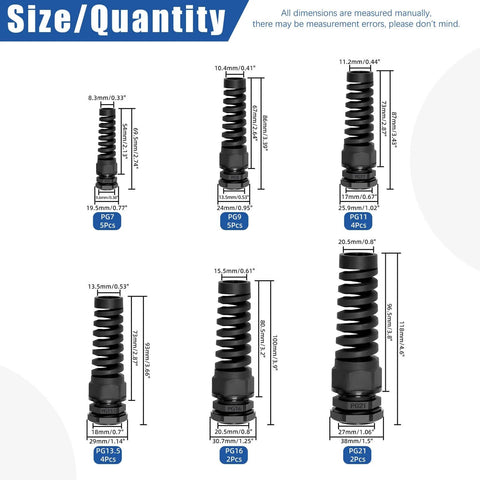 22 Piece Cable Gland Kit With PG7 To PG21 Sizes, 8.3Mm To 20.5Mm Thread Diameter, Black Nylon Waterproof Flex Spiral Strain Relief Glands For Electrical Installations, size chart view.