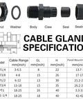 Heavy Duty Cord Grip Cable Glands Kit For Electrical Boxes NPT Waterproof Nylon Strain Relief Set With Fifty Pieces Ranging From One Quarter Inch To One And A Quarter Inch Includes Gaskets Black with specifications chart