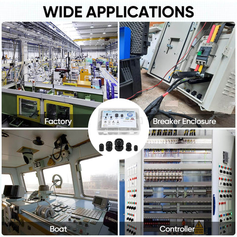 IP68 Waterproof Cable Gland Kit applications including factory, breaker enclosure, boat, controller; suitable for rugged outdoor use.