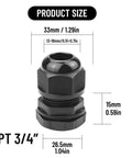 Adjustable NPT Cable Gland 1/4 to 1 Inch Range IP68 Waterproof Strain Relief Cord Connector shown with dimensions in black PA nylon.