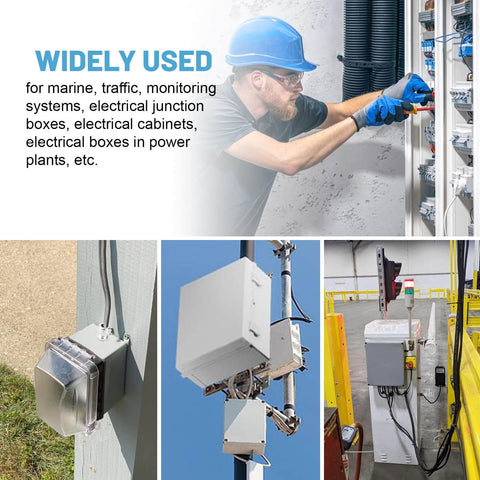 Four images showing installation of electrical equipment: a man working on a junction box, outdoor enclosures, and sealed units.