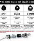 Diagram showing Wire Cable Plastic Flex Specification for 6mm, 8mm, 12mm connectors with Stainless Steel Waterproof Cable Gland with IP68 Rating.