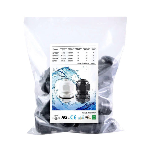 Bag of cable glands with specifications, 20 pieces, Made in China, featuring black and white glands for secure cable connections.