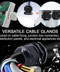 Image showing Five Pack NPT Three Eighths Inch Cable Glands Waterproof Adjustable Easy To Install For Cables From Five To Ten Millimeters Black Nylon Joints With Gaskets in use on various equipment and enclosures.