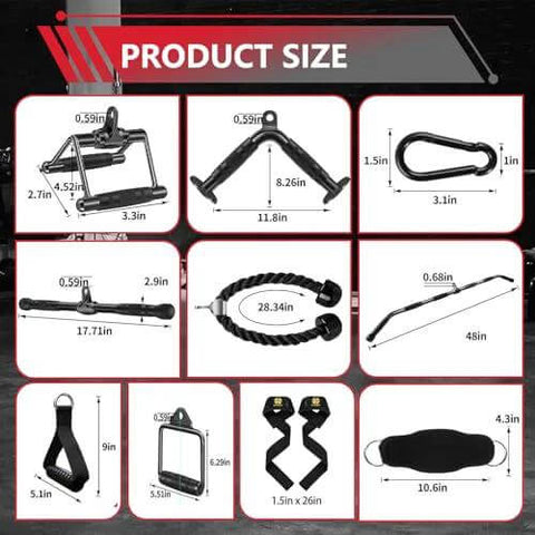 Complete Cable Machine Attachments Set For Home Gym Including Lat Pulldown Bar Tricep Rope V Handle V Shaped Bar sizes diagram