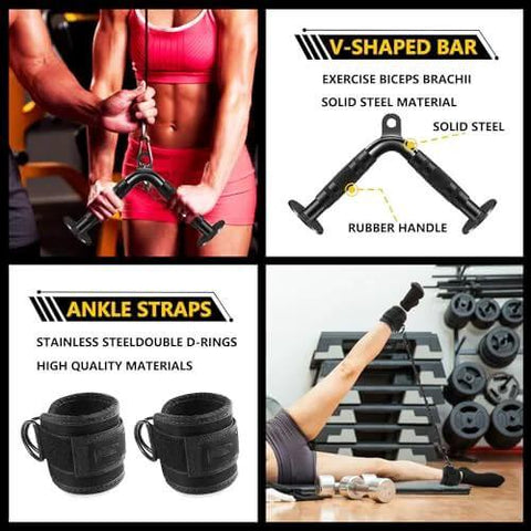 Complete Cable Machine Attachments Set For Home Gym Including V-shaped bar and ankle straps, used in gym exercises.