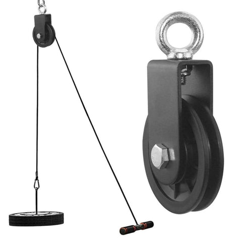 Cable Pulley - 3.54 In/90 mm 360 Degree Rotation Traction Wheel, Strong Bearing Capacity Pulley System for Home Gym and Lift Cable Machine - 1 Pack, showing close-up and in use with weight support