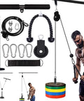 Upgraded Cable Pulley System for Home Gym with LAT and lift attachments, showing components and man exercising, 330 lbs capacity.