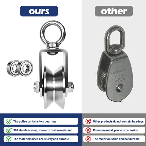 Comparison of Cable Pulley Wheel 304 Stainless Steel Swivel Pulley with ball bearings versus a less durable option.