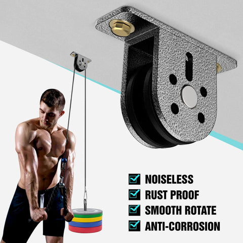 Cable Rope Bearing Pulley Wheel, Wall-Mounted Fixed Pulley Weight System installed, grey, in home gym setting with weightlifter