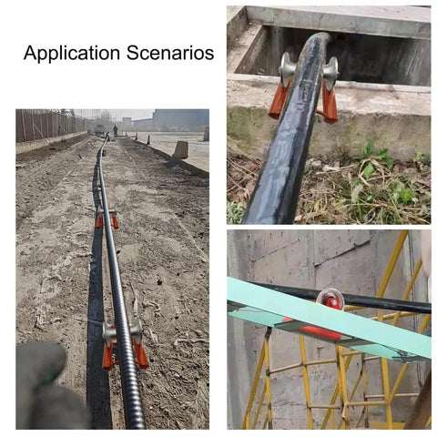 Heavy duty cable pulling sheave for power installation and ground feeding tasks shown guiding electrical cables in utility setting.