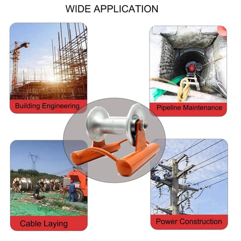 Heavy duty cable pulling sheave for power installation and ground feeding tasks shown with applications in construction and maintenance.