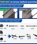 Guide on selecting Black Angle Beveled Washer 25 30 35 Degrees For 1/8 Cable Railing CR60 20 Pack, showing washers and hardware layout.