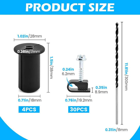 Product size of efficient cable routing kit with four grommets, 30 clips, a one inch spade drill bit, and five sixteenth inch bits