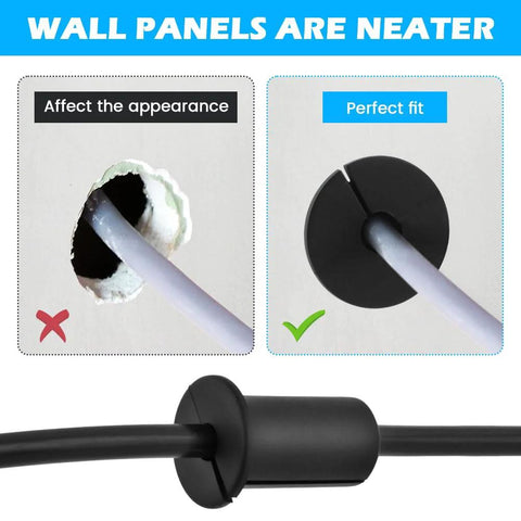 Efficient cable routing kit with four grommets, 30 clips, a one inch spade drill bit, and five sixteenth inch bits for neat installations
