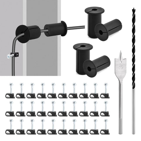 Efficient cable routing kit with four grommets, 30 clips, a one inch spade drill bit, and five sixteenth inch bits.