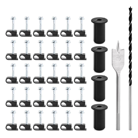 Efficient cable routing kit with four grommets, 30 clips, a one inch spade drill bit, and five sixteenth inch bits for tidy cabling