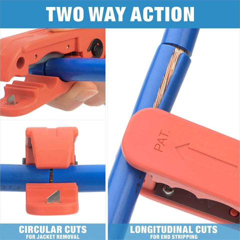 Cable Stripper for AWG 12 to 4/0 Round Cables With Radial Cutting Design in use, demonstrating circular and longitudinal cuts.