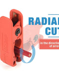 Front view of cable stripper for AWG 12 to 4/0 round cables with radial cutting design, showing radial cut direction.