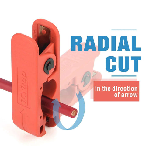 Front view of cable stripper for AWG 12 to 4/0 round cables with radial cutting design, showing radial cut direction.