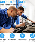 Two mechanics working on a car engine, showcasing the Nylon Universal Cable Tie Buckle Set With Double Sided Buckle And Button Design features.