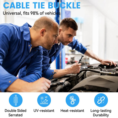 Two mechanics working on a car engine, showcasing the Nylon Universal Cable Tie Buckle Set With Double Sided Buckle And Button Design features.