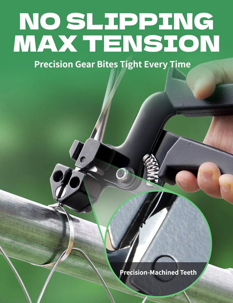 Heavy Duty Stainless Steel Cable Tie Gun Kit with 150 Pcs 11.8 Inch 304 Stainless Ties in use on a chain link fence.