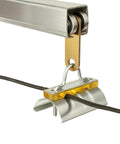 2 Wheel Cable Trolley Assembly Rollers with Dual Bearings for 1-5/8 Inch & Taller Strut Channel, installed on metal track