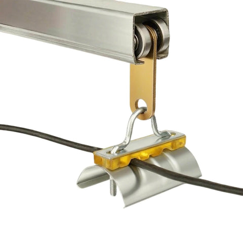 2 Wheel Cable Trolley Assembly Rollers with Dual Bearings for 1-5/8 Inch & Taller Strut Channel, installed on metal track