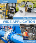 Collage showing wide application of products for cables, gas pipes, water pipes, and oil pipes installation.
