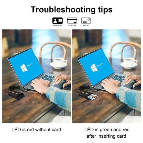 Troubleshooting tips for CAC Card Reader Military, showing LED status on DOD Military USB Common Access CAC with laptop on table.