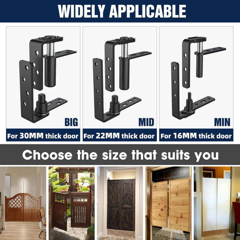 Cafe Door Hinges Double Action Saloon Hardware For Bars And Coffee Shops Heavy Duty 304 Stainless Steel In Black 2 Pack MID Fit Up To 30mm Door Thickness, variety of sizes shown for different door thicknesses